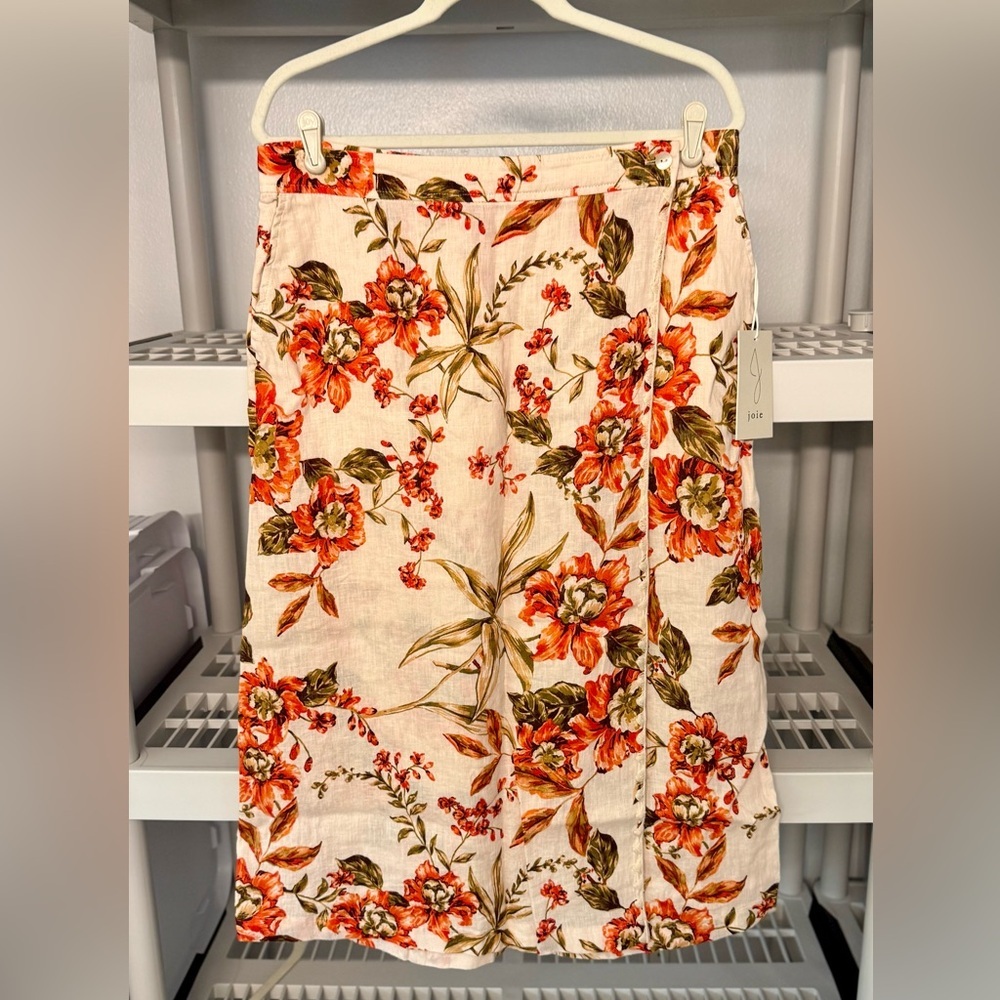 NWT Joie Midi Linen Wrap Skirt Floral Print Cream and Orange Size‎ XL